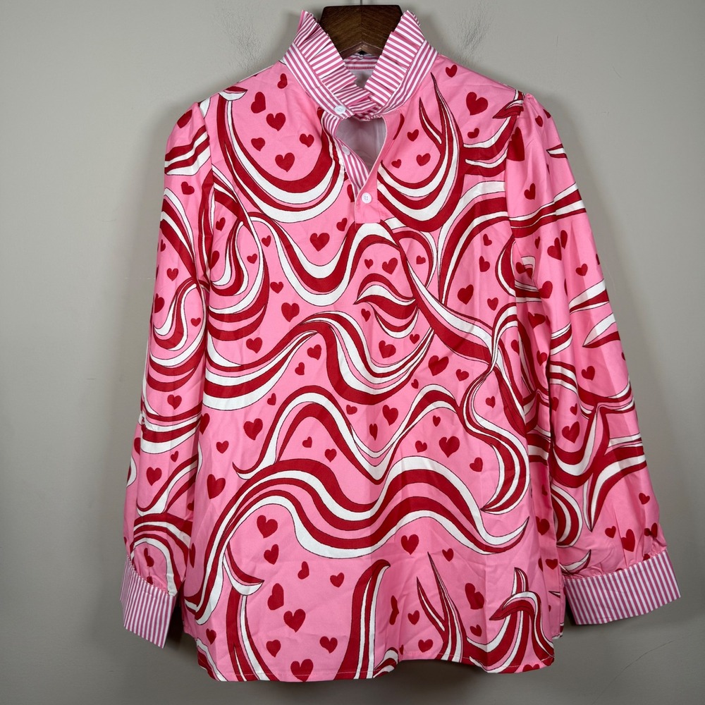 Valentine Pink/Red Abstract Mixed Pattern Heart Ruffle Collar Blouse XL
